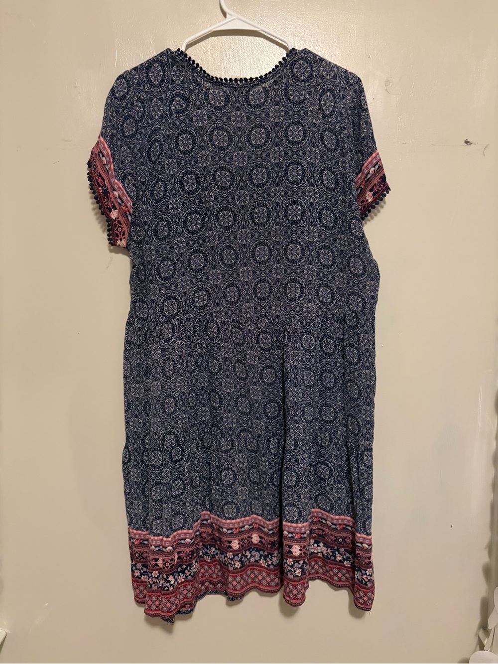 Casual Navy Patterned Short Sleeve Dress with Pink Border
